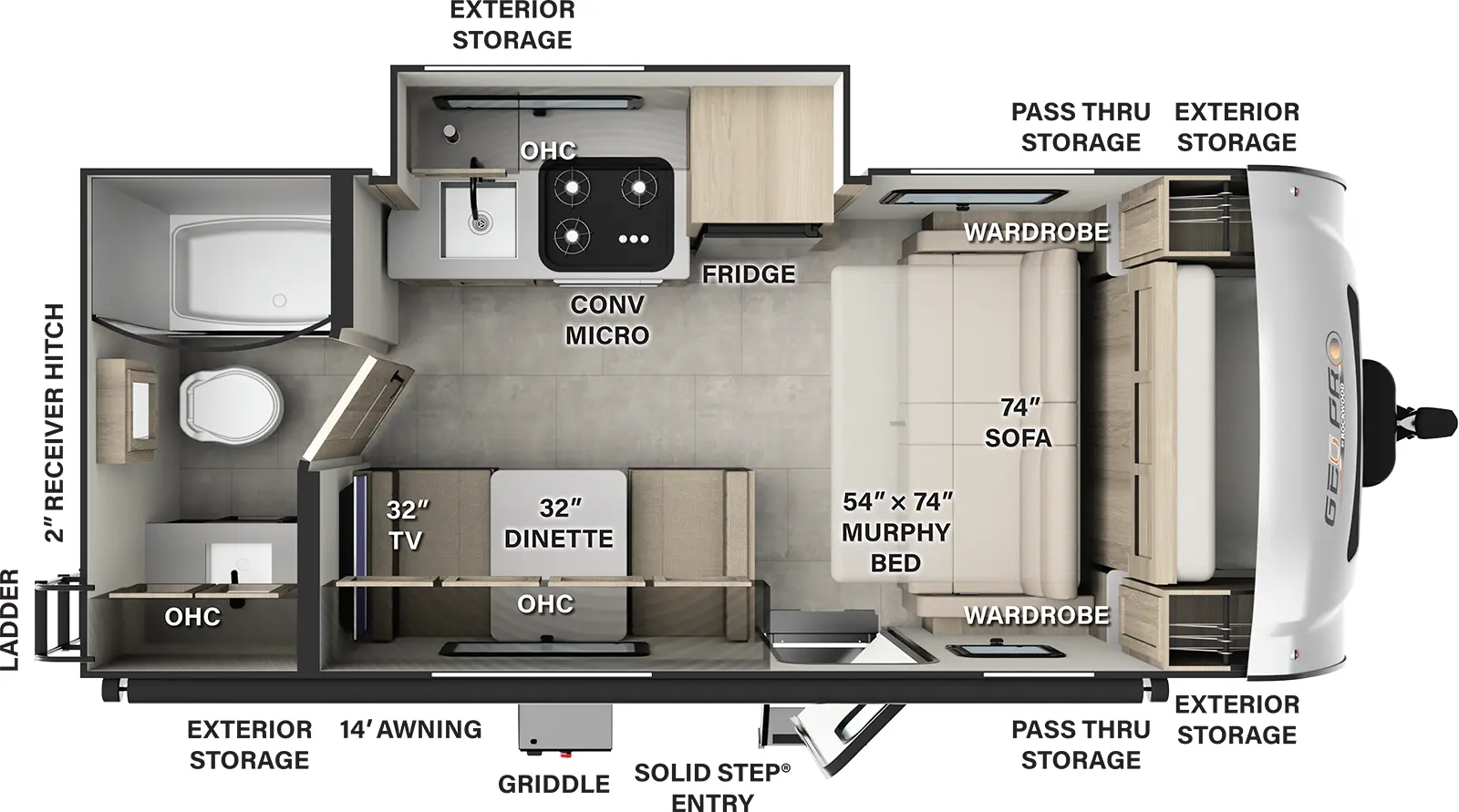 The Rockwood Geo Pro G19FDS has one entry and one slide out. Exterior features include: fiberglass exterior and 14' awning. Interiors features include: murphy bed and rear bathroom.